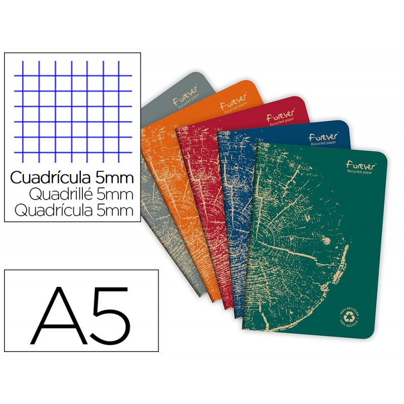 Cahier clairefontaine forever premium a5 90g recycle 96 pages 5x5 coloris assortis