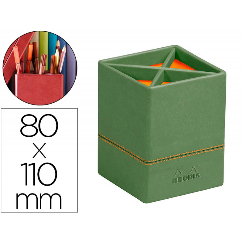 Pot crayons rhodiarama 4 compartiments en simil cuir sauge velout 8x8x11cm