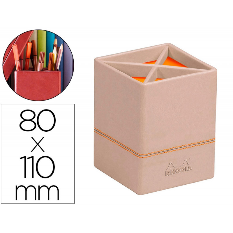 Pot crayons rhodiarama quatre compartiments en simil cuir taupe velout 8x8x11cm