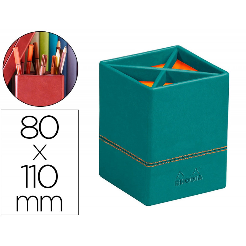 Pot crayons rhodiarama quatre compartiments en simil cuir paon velout 8x8x11cm