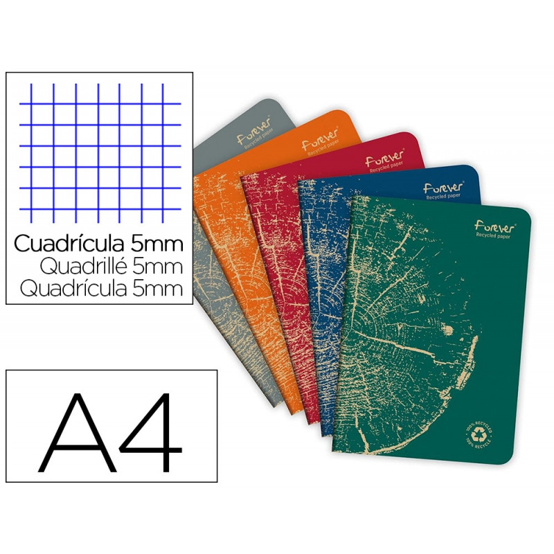Cahier clairefontaine forever premium a4 90g recycle 96 pages 5x5 coloris assortis