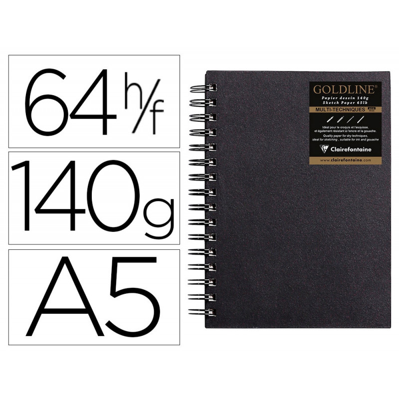Carnet goldline spirale a5 couverture noire portrait 14,8x21cm 140g 64f