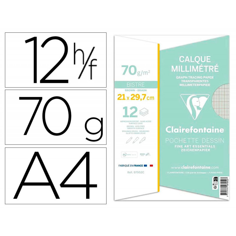 Pochette papier calque clairefontaine a4 70/75gr 21x29,7cm 12f