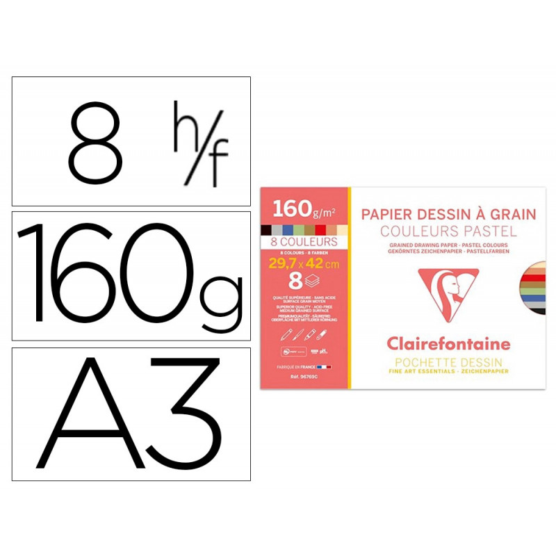 Papier dessin grain clairefontaine a3 assortiment pastel 160gr 8f