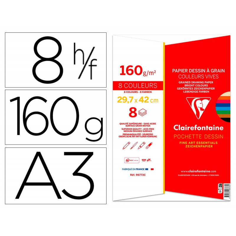 Papier dessin grain clairefontaine a3 assortiment vif 160gr 8f