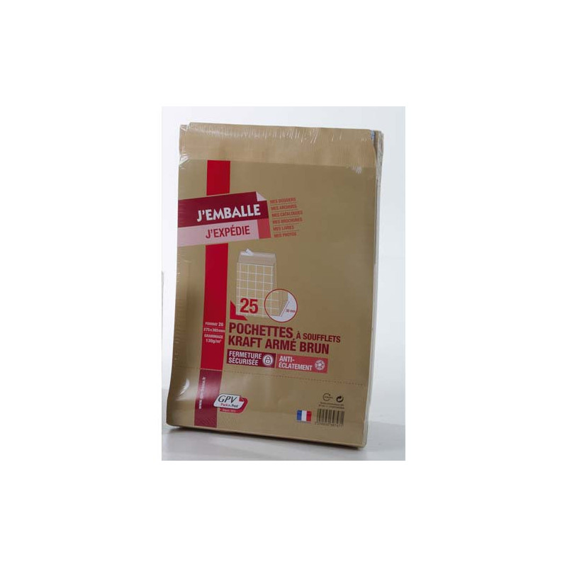 GPV Paquet de 25 pochettes kraft armé 120g 26 à 3 soufflets de 3cm 39747