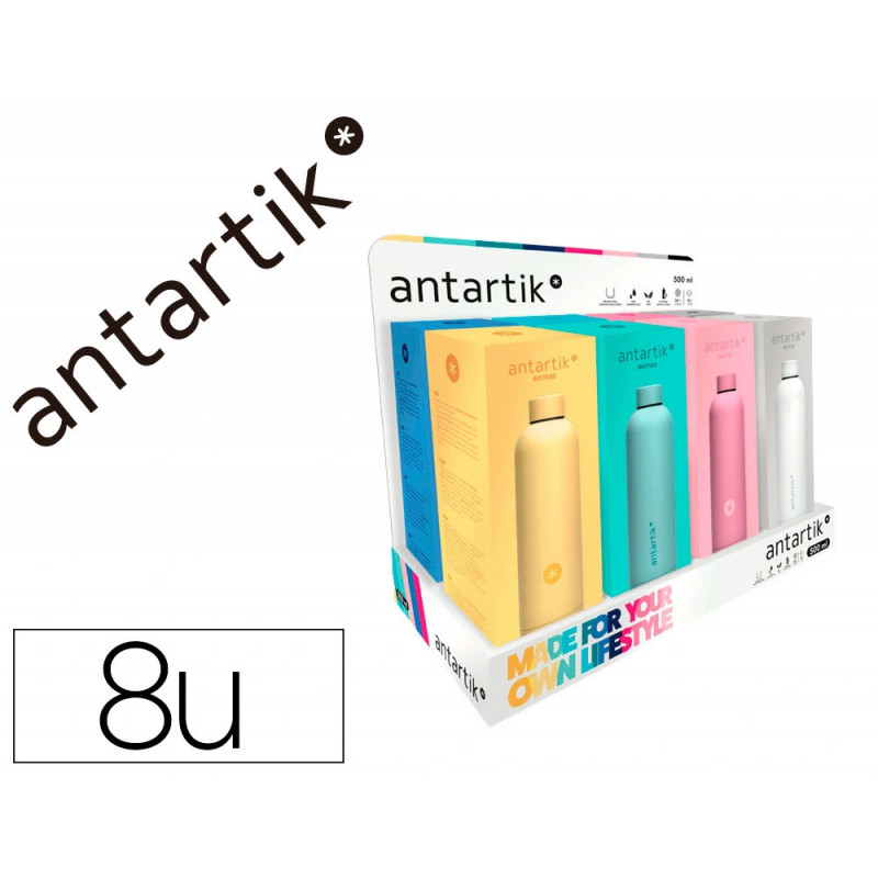 Presentoir antartik bouteille isotherme acier inoxydable sans bpa 500ml coloris assortis 8 unites