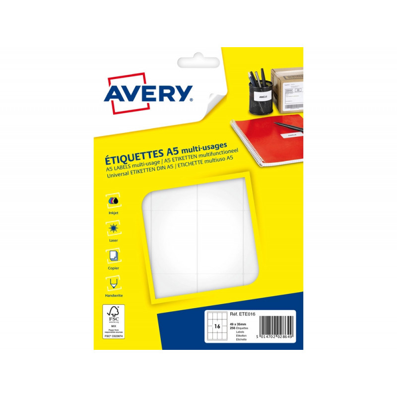 Etiquette avery impression laser jet encre et copieur 35x49mm coloris blanc pochette 256 unites