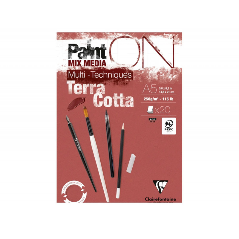 Bloc dessin clairefontaine paint on encolle a5 20 feuilles 250g coloris terracotta