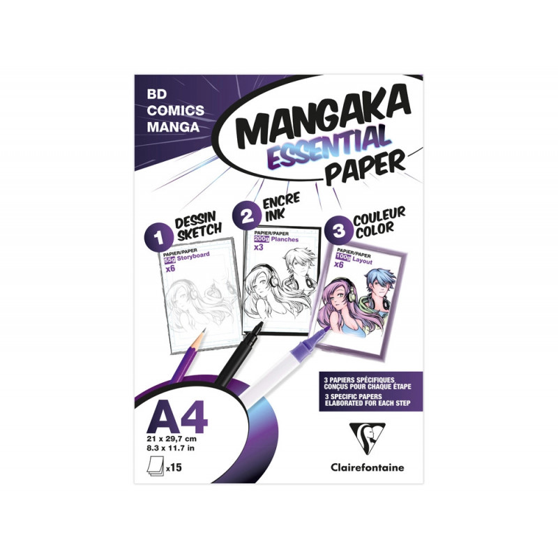 Pochette clairefontaine mangaka essential paper a4 15 feuilles assorti 55g/100g/200g + brochure