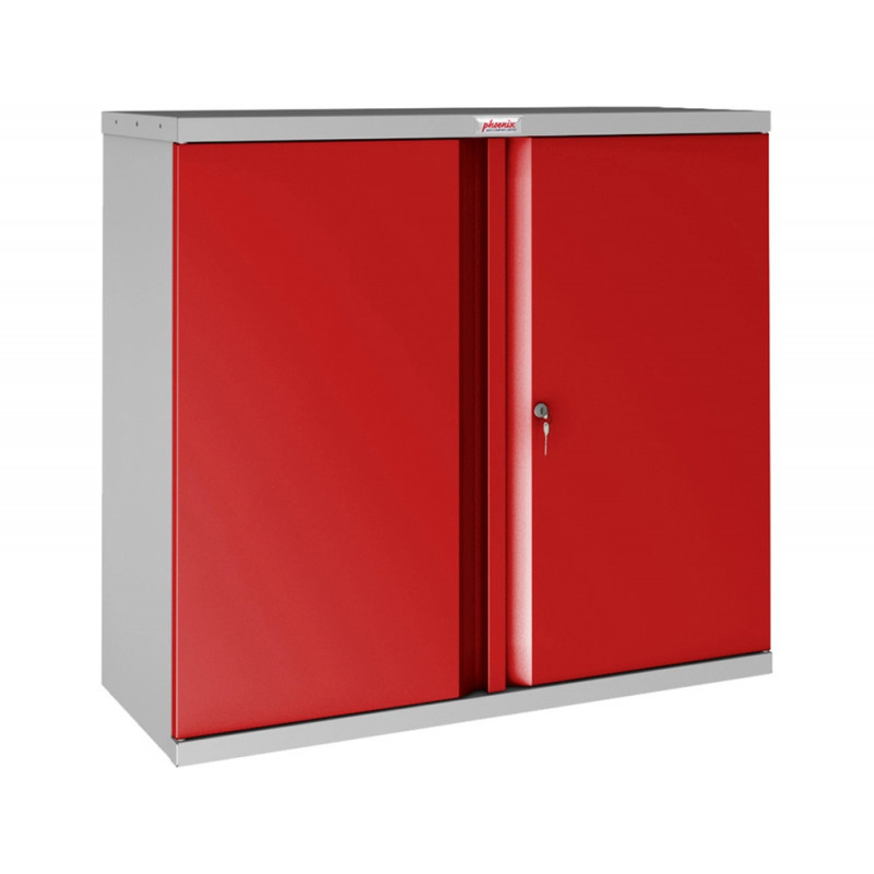 Armoire basse phoenix acier 100cm 2 portes et 1 etagere serrure a cle coloris rouge