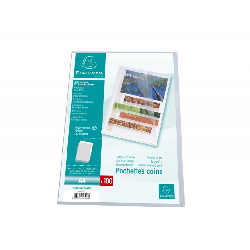 Pochette coin exacompta a4 pp graine 12/100eme 120 microns incolore paquet 100 unites