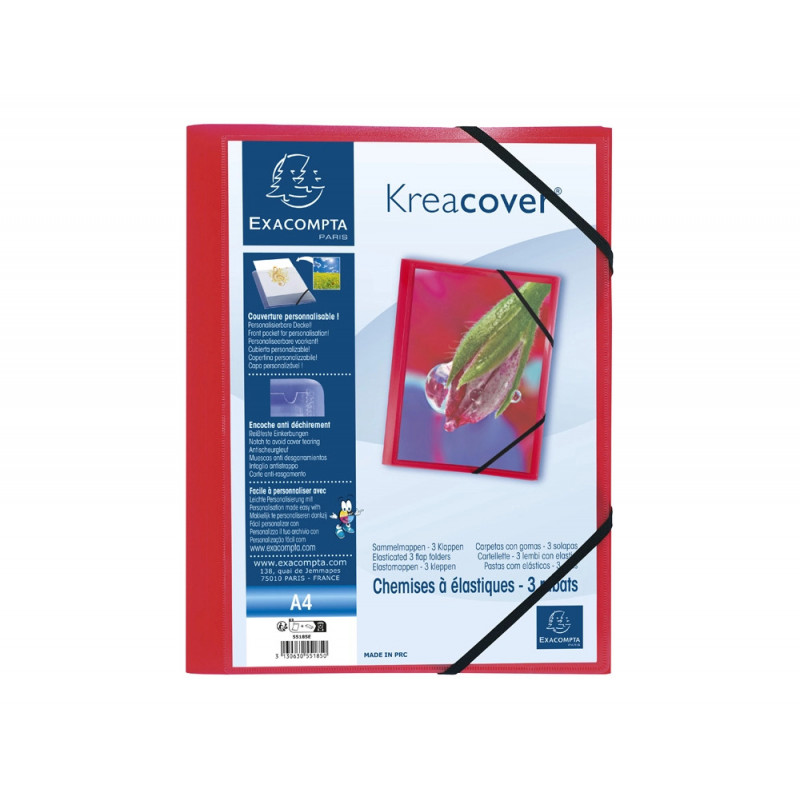 Chemise 3 rabats exacompta krea cover a4 couverture personnalisable pp transparent coloris rouge