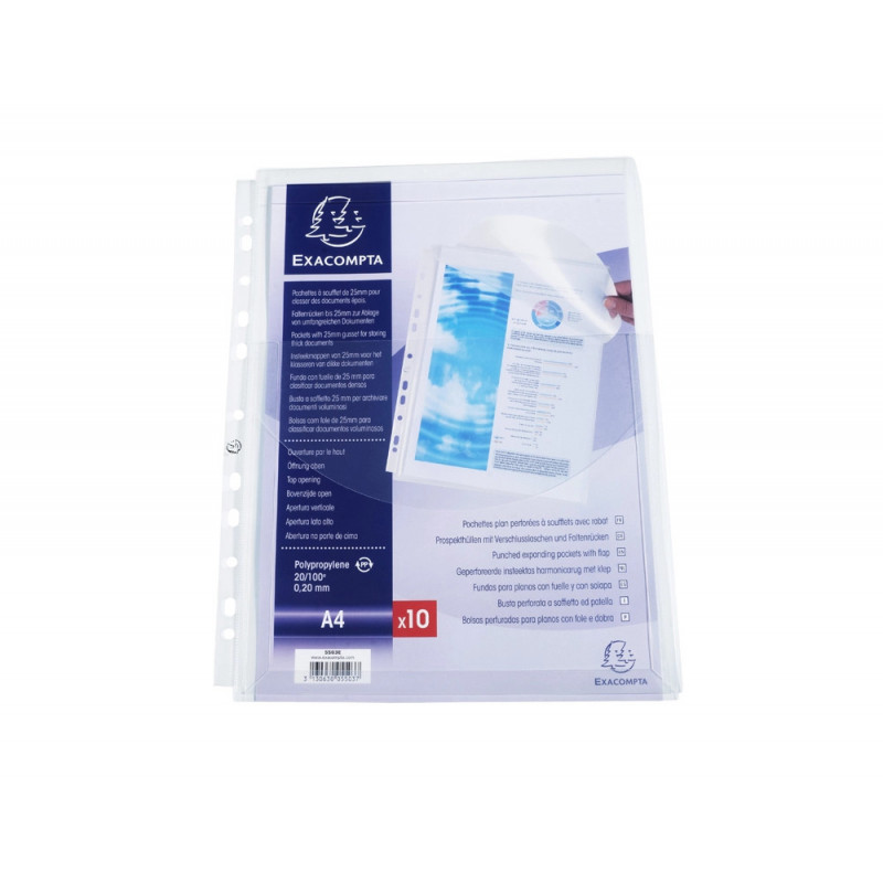 Pochette perforee exacompta a4 pp soufflet 25mm ouverture haut paquet 10 unites