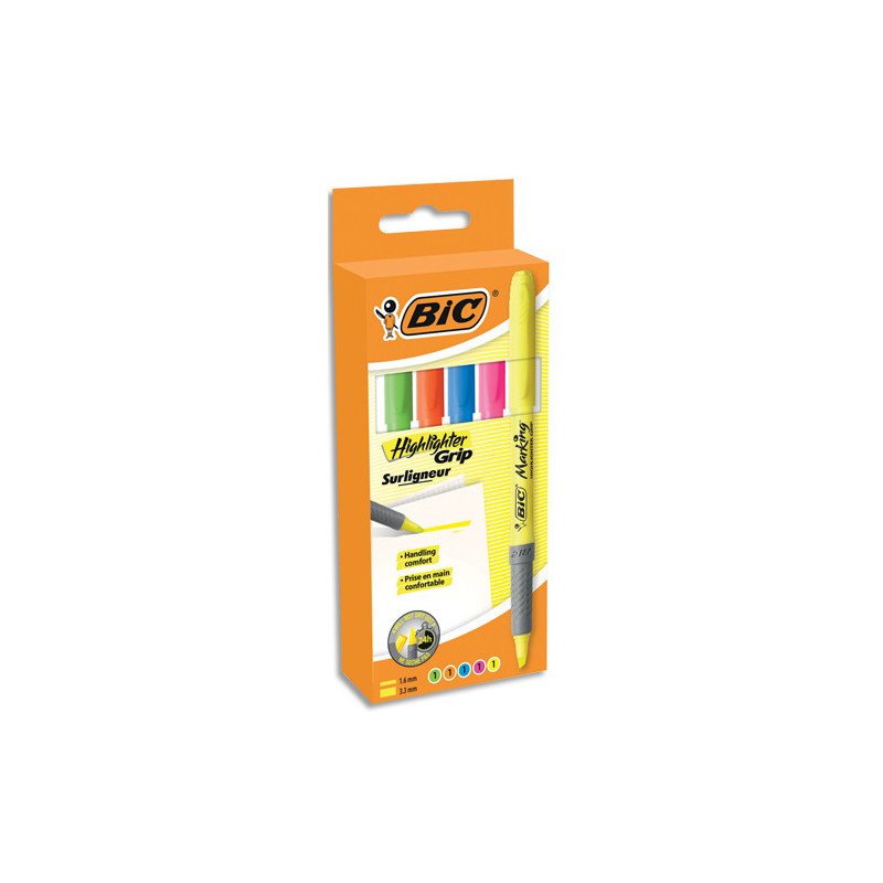 BIC Highlighter Grip Surligneurs Pointe Biseautée - Couleurs Fluo Assorties, Etui Carton de 5