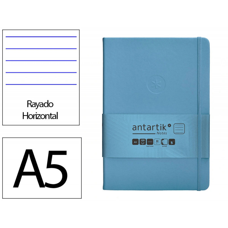 Carnet fermeture elastique antartik notes couverture rigide a5 ligne 100 feuilles 80gr fsc coloris bleu ciel