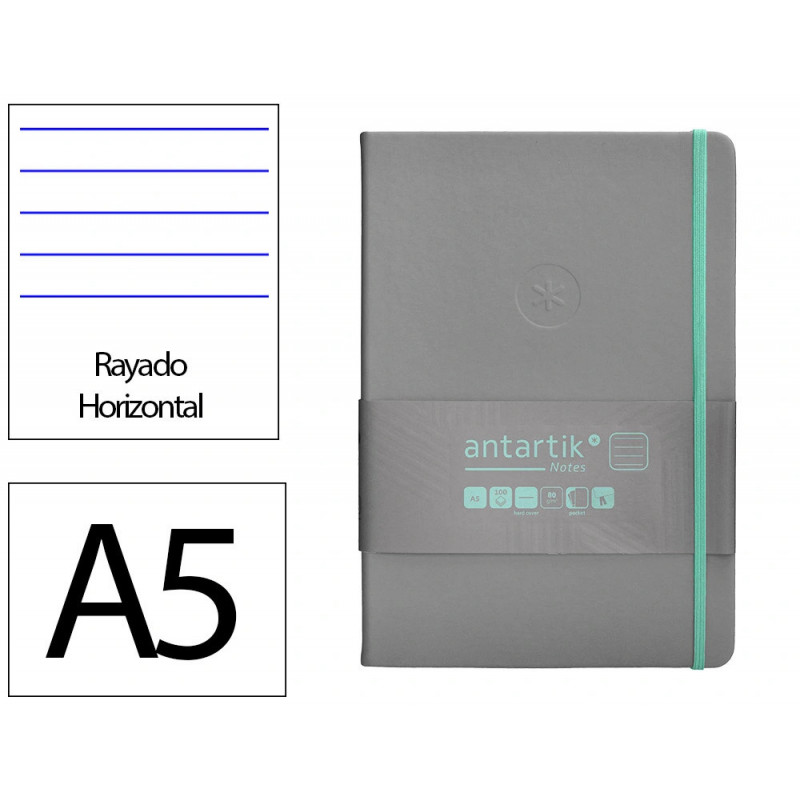 Carnet fermeture elastique turquoise antartik notes couverture rigide a5 ligne 100feuilles 80gr fsc coloris gris