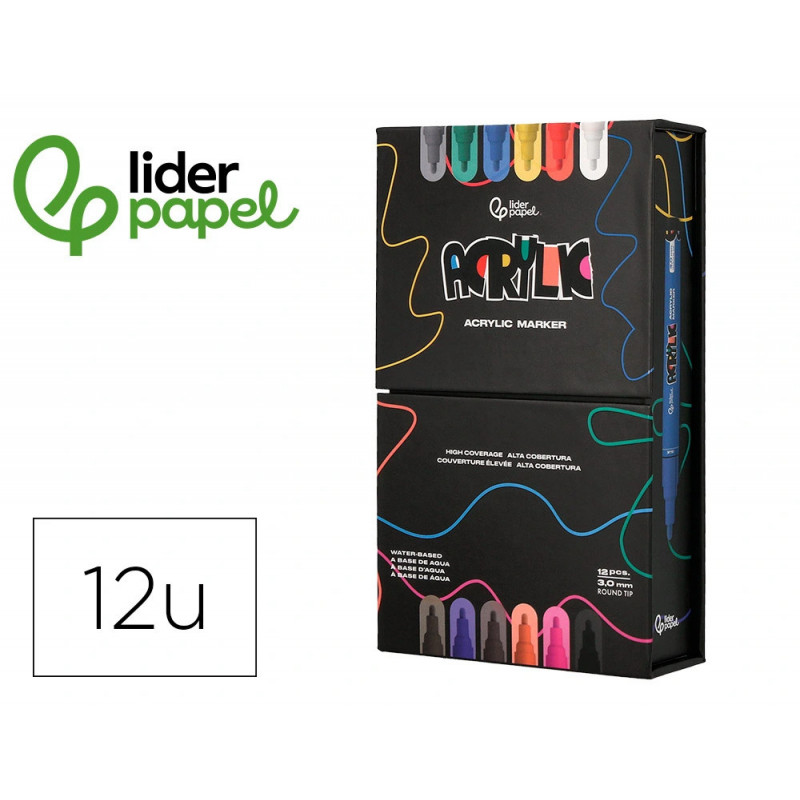 Marqueur liderpapel acrylique base eau tous support pointe ronde 3mm coloris assortis boite 12 unites