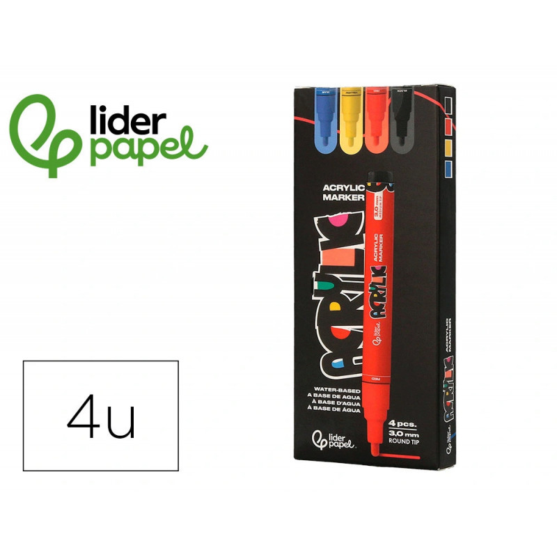 Marqueur liderpapel acrylique base eau tous support pointe ronde 3mm coloris assortis boite 4 unites