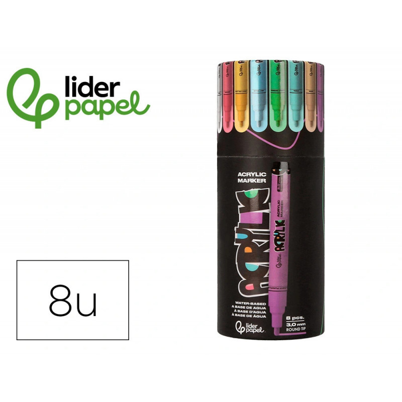 Marqueur liderpapel acrylique base eau tous support pointe ronde 3mm coloris pastels assortis boite 8 unites