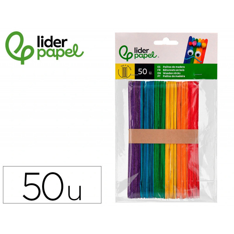 Batonnets liderpapel bois dim. 15x1,8cm coloris assortis sachet 50 unites