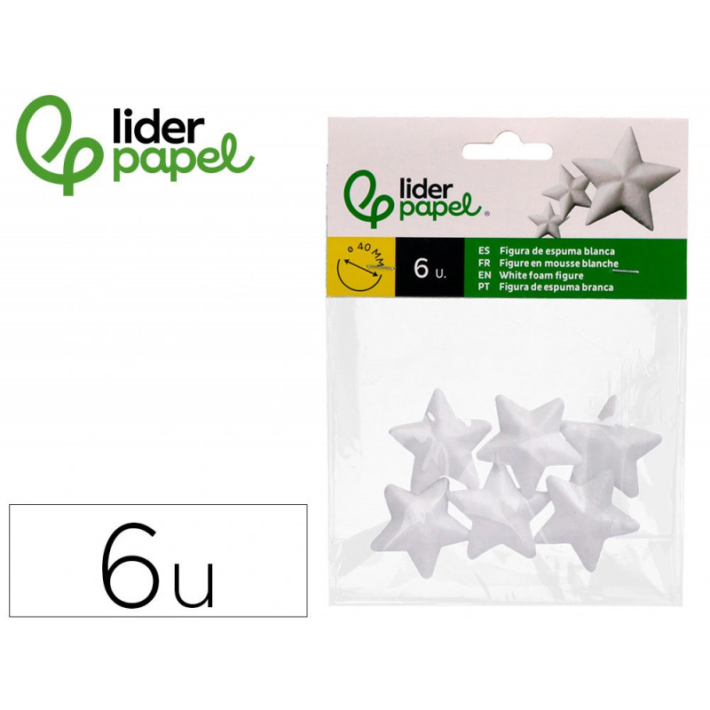 Forme liderpapel mousse polystyrene etoiles 4cm coloris blanc sachet 6 unites