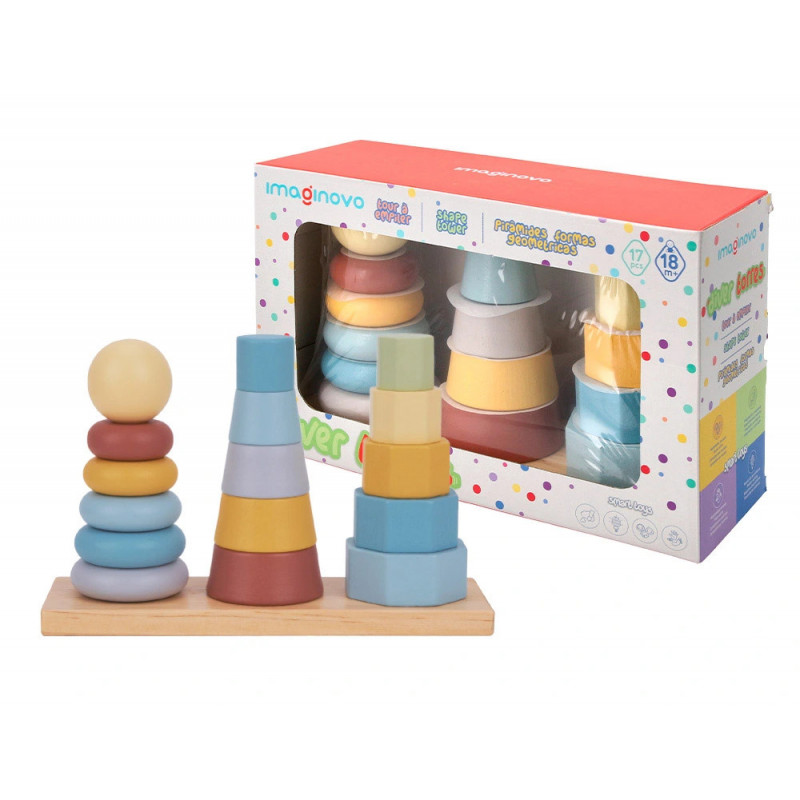 Jeu enfant imaginovo tour formes empilables bois +18 mois 17 pieces 28x20x9 cm