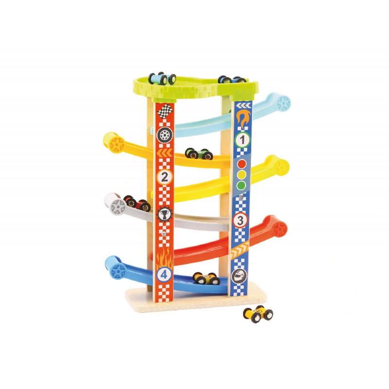 Jeu enfant imaginovo tour a toboggan bois 7 niveaux 6 voitures inclus +18 mois 38x32x14 cm