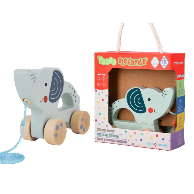 Jeu enfant imaginovo elephant a tirer avec roues bois +12 mois 13,4x10x5,4 cm