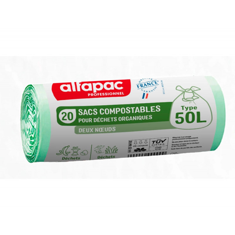 Sac dechets compostable alfapac 2 noeuds 16 microns 50l resistance 8kg 680x750mm coloris transparent 500