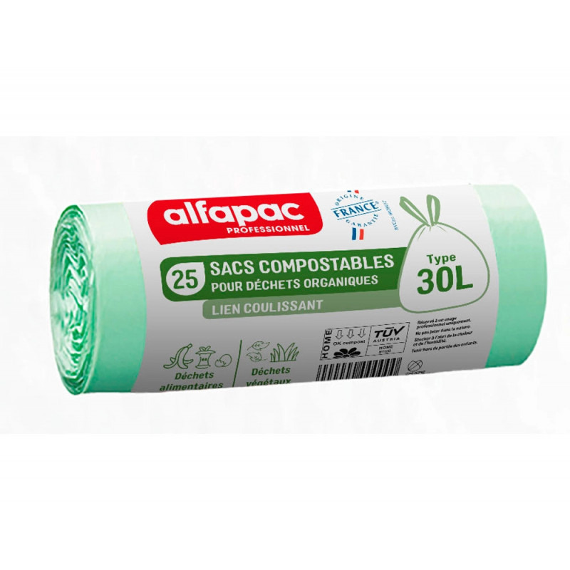 Sac dechets compostable alfapac lien coulissant 18 microns 30l resistance 6,5kg 500x650mm coloris vert 250