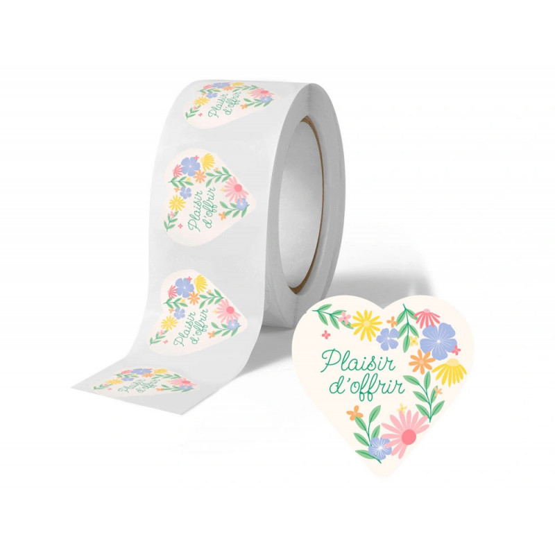 Etiquette autocollante avery plaisir d'offrir forme coeur fleurs 37x37mm rouleau 500 unites