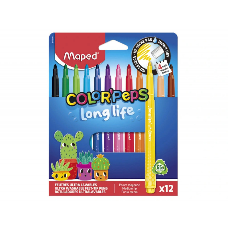 Feutre coloriage maped color'peps long life pointe moyenne encre ultra lavable coloris assortis pochette 12