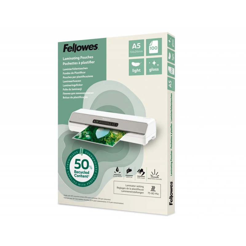 Pochette plastification fellowes brillante format a5 leger coloris transparent boite 100 unites