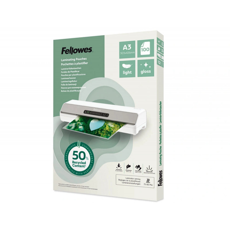 Pochette plastification fellowes brillante format a3 leger coloris transparent boite 100 unites