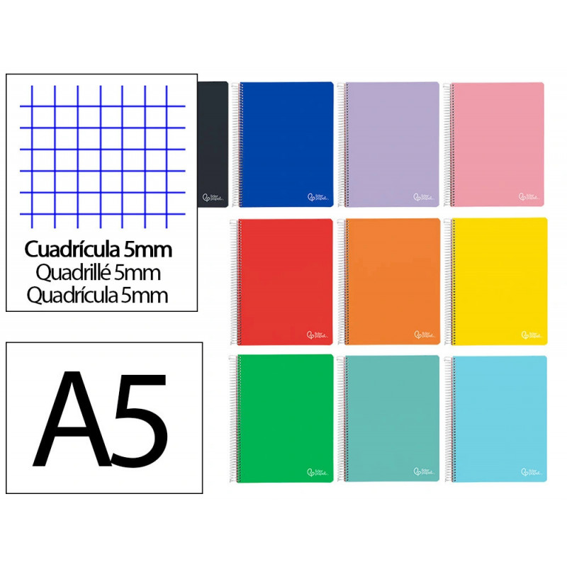 Cahier spirale liderpapel witty a5 couverture rigide 120 feuilles 90g/m2 5x5mm 4 trous perfores coloris