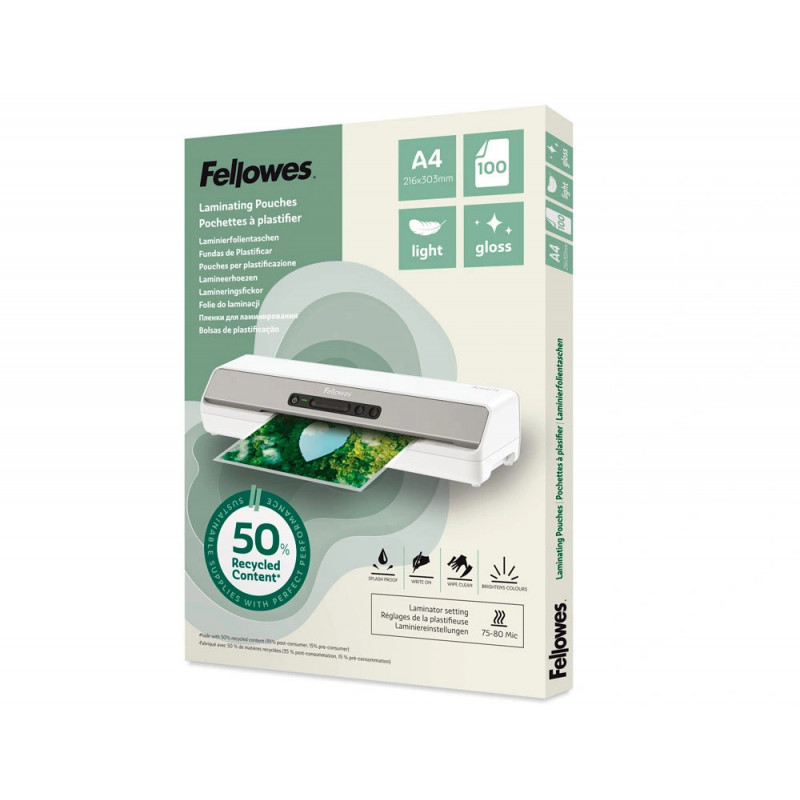 Pochette plastification fellowes brillante format a4 leger coloris transparent boite 100 unites
