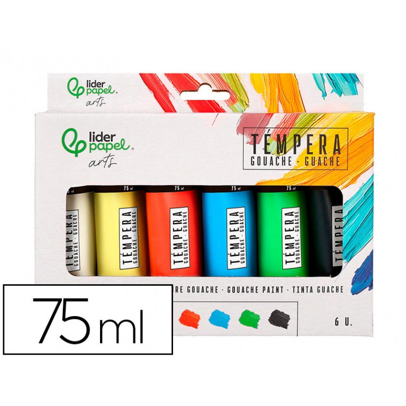 Peinture gouache tempera liderpapel boite de 6 tubes en plastique de 75 ml coloris assortis