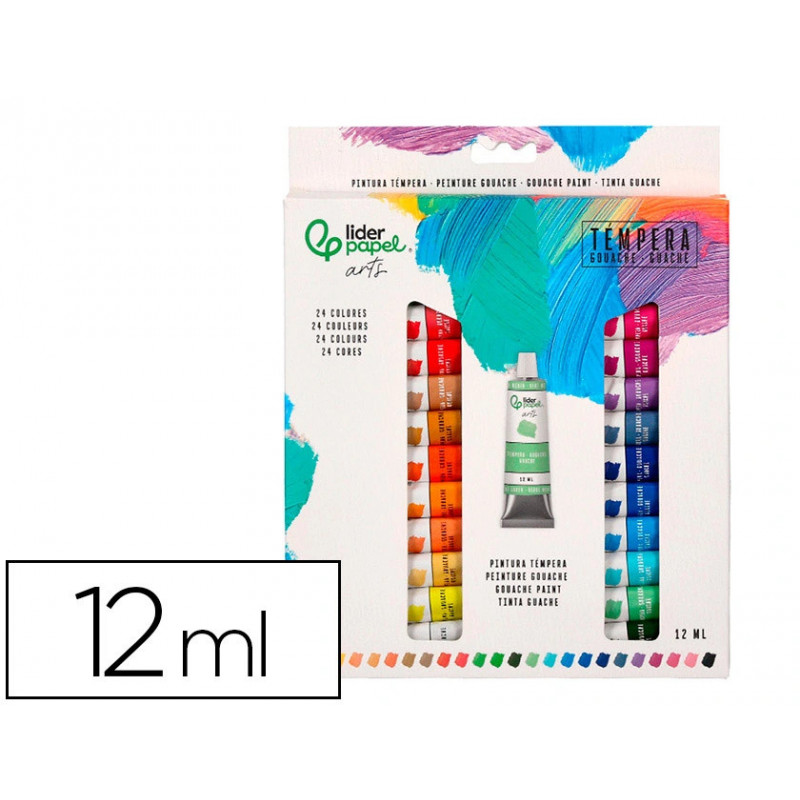 Peinture gouache tempera liderpapel boite de 24 tubes en aluminium de 12 ml coloris assortis