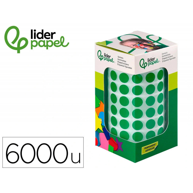 Pastille adhesive liderpapel diametre 10,5mm coloris vert rouleau 6000 unites boite carton
