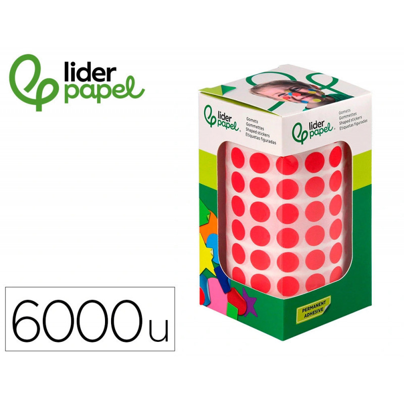Pastille adhesive liderpapel diametre 10,5mm coloris rouge rouleau 6000 unites boite carton