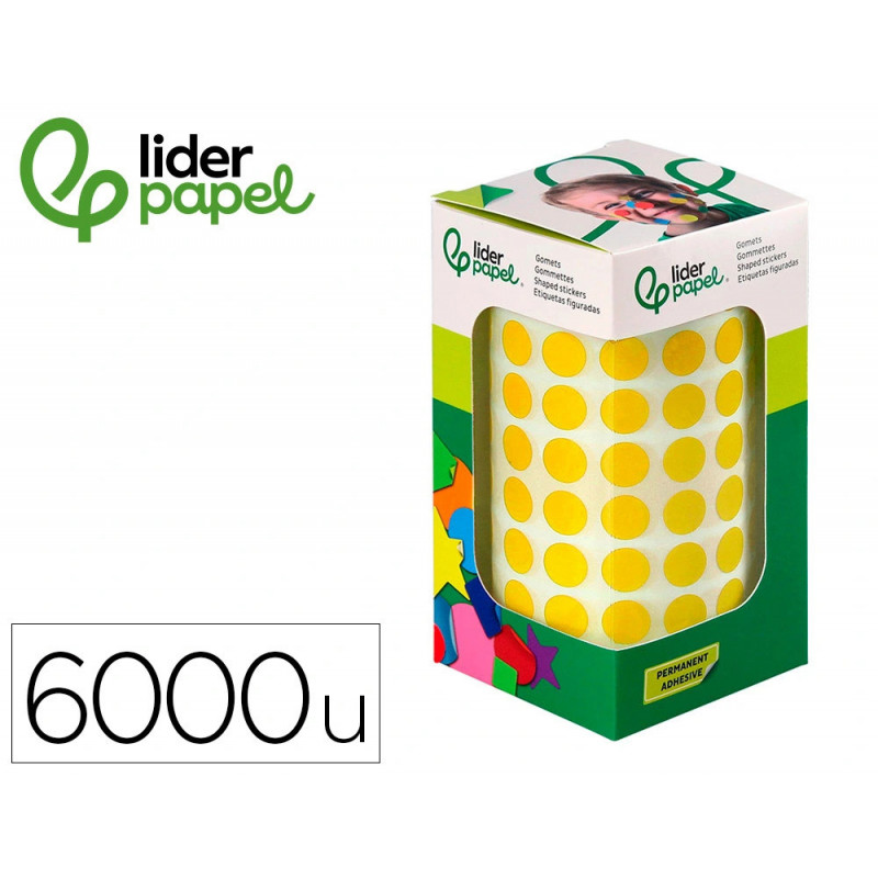 Pastille adhesive liderpapel diametre 10,5mm coloris jaune rouleau 6000 unites boite carton