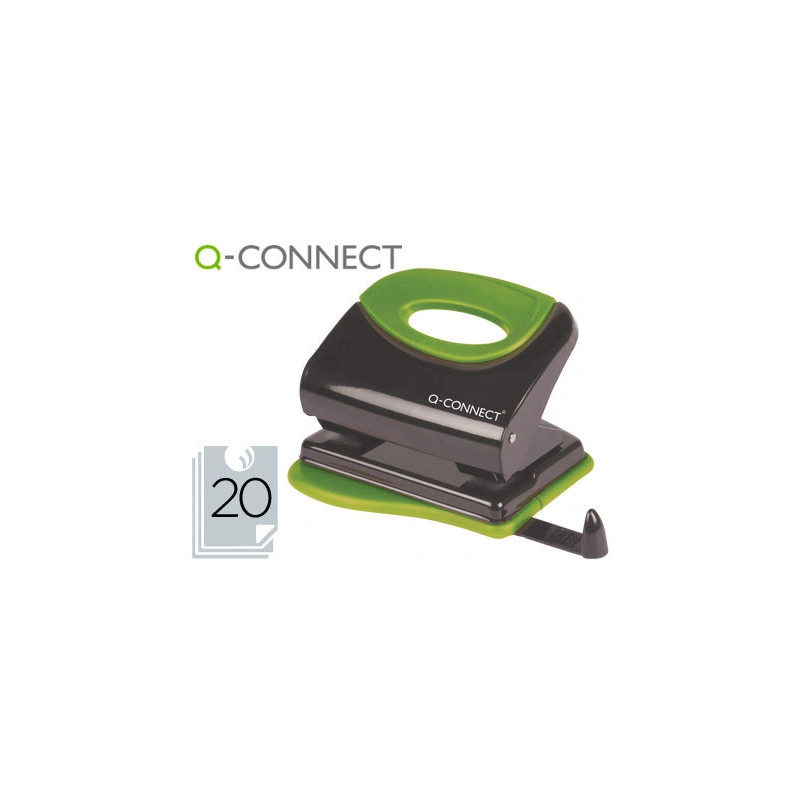 Perforateur q-connect métallique capacité perforation 20f 2 trous coloris attractifs noir/vert 117x105mm