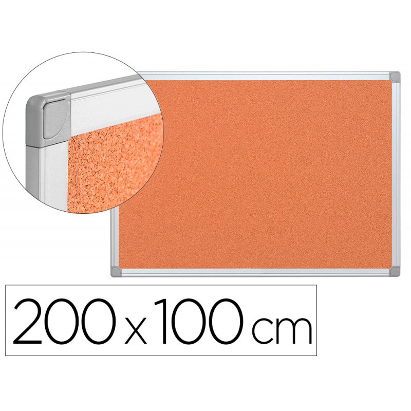 Tableau liège q-connect mural cadre aluminium argenté mat coins plastiques fixation mur épaisseur 5mm 200x100cm