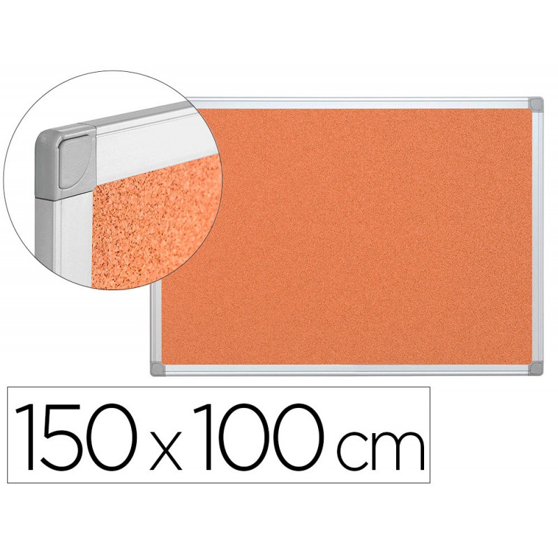 Tableau liège q-connect mural cadre aluminium argenté mat coins plastiques fixation mur épaisseur 5mm 150x100cm
