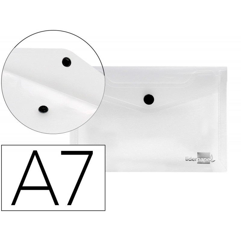 Pochette enveloppe liderpapel polypropylène 180 microns a7 105x74mm 50f fermeture bouton résistant transparent