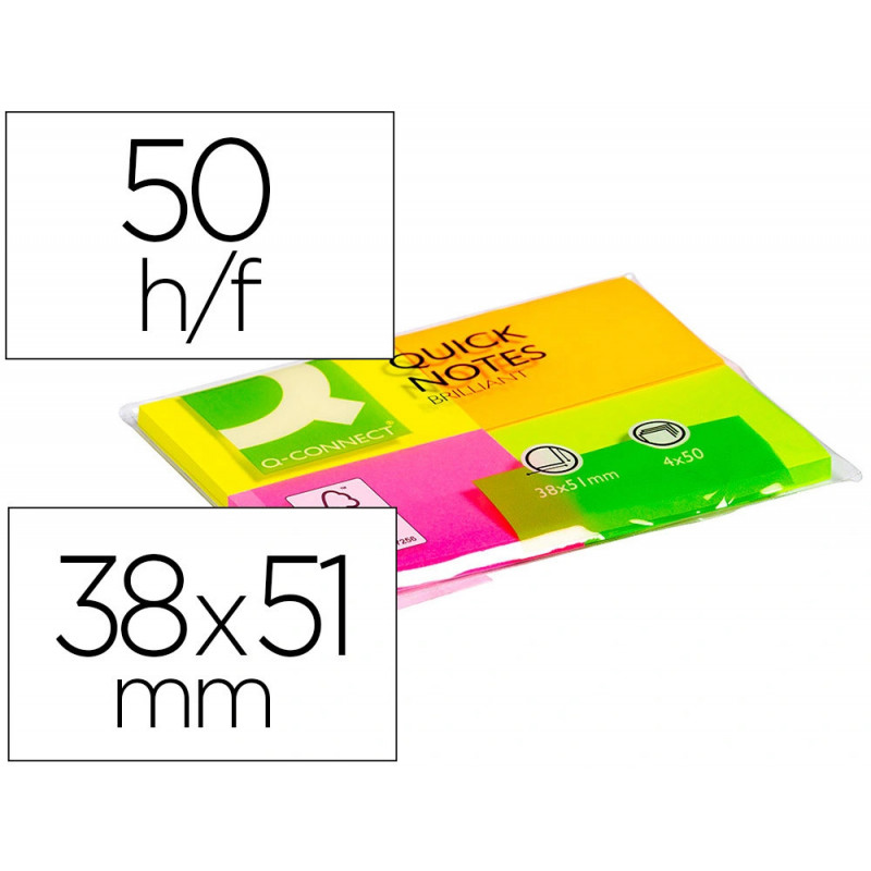 Bloc-notes q-connect couleurs néon 38x51mm 80f repositionnables coloris assortis 4 blocs