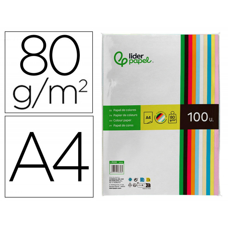Papier couleur liderpapel multifonction a4 80g/m2 10 coloris assortis paquet 100 feuilles
