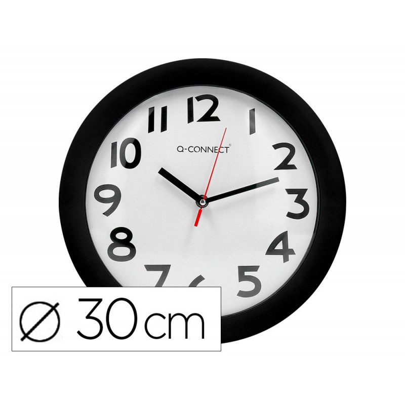 Horloge q-connect murale plastique design actuel numéros noirs fond blanc 1 pile aa non fournie diamètre 30cm noir