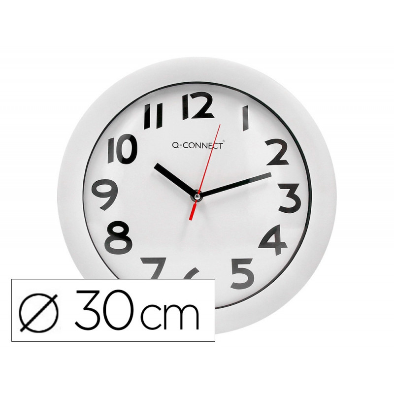 Horloge q-connect murale plastique design actuel numéros noirs fond blanc 1 pile aa non fournie diamètre 30cm blanc